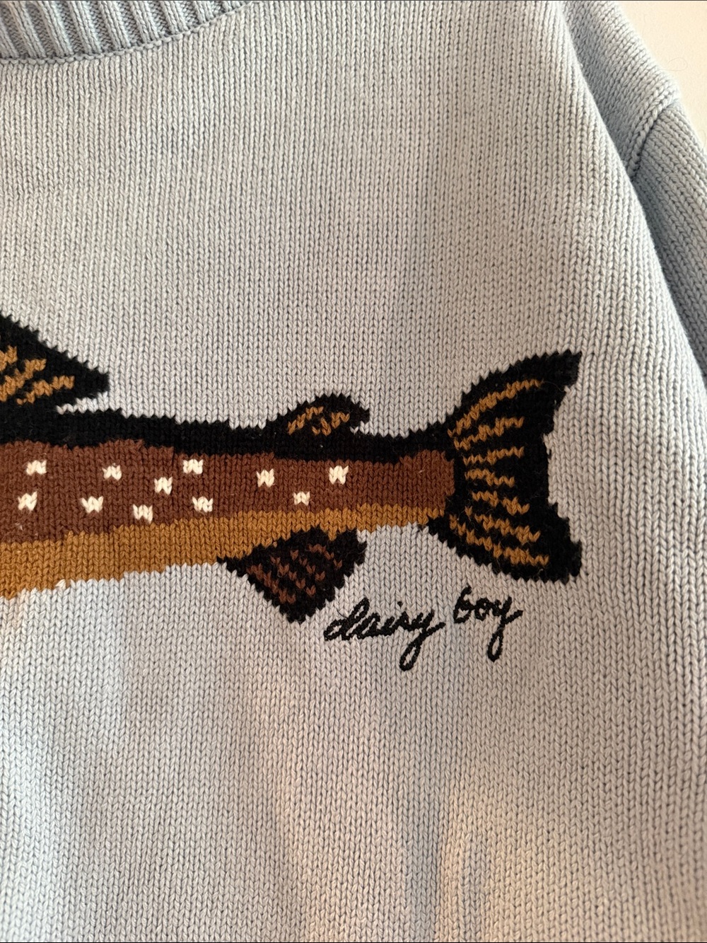 Daisy Boy Light Blue Crewneck Sweater with Fish Motif - Picture 3 of 5